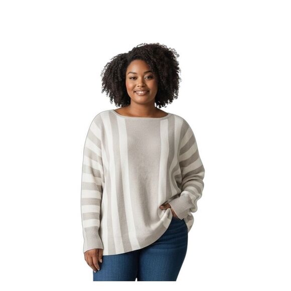 Cyrus Women's White & Gray Striped Dolman Sleeve Pullover Sweater Plus Size 3X - Picture 1 of 7